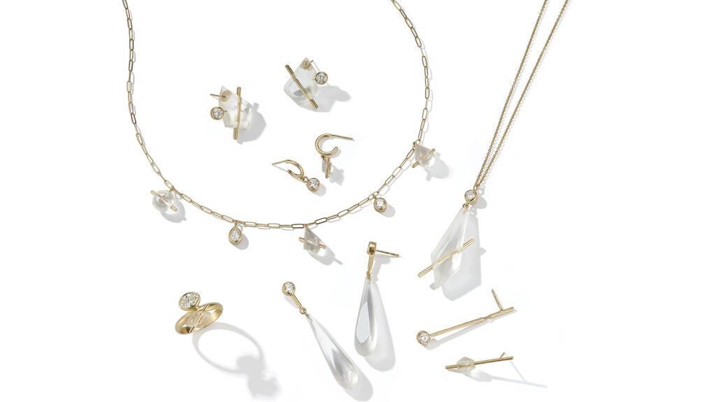 Olivia Shih’s capsule collection, “Lucid” features rock crystal, gold and 0.3- or 0.4-carat diamonds with the exception of her toi et moi ring. The pieces are, clockwise from left, the “Toi et Moi” ring with a 1.12-carat diamond ($13,700 retail), the “Quintuplet” necklace ($6,050), the “Mini Hoops” ($3,450), the “Rock” studs ($6,400), the “Crystal” pendant ($3,950), the “Asymmetrical Line Studs” ($3,650), and the “Long Drop Studs” ($6,050). 20220714_Olivia Shih group.jpg